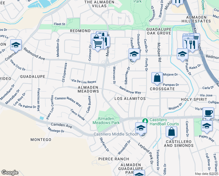 map of restaurants, bars, coffee shops, grocery stores, and more near 6131 Paso Los Cerritos in San Jose