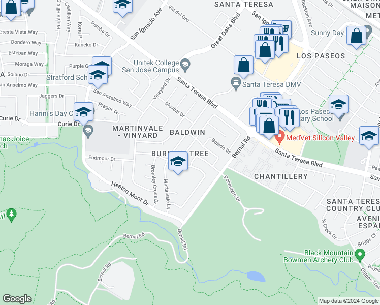 map of restaurants, bars, coffee shops, grocery stores, and more near 242 Burning Tree Drive in San Jose