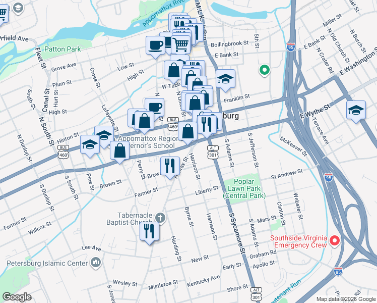 map of restaurants, bars, coffee shops, grocery stores, and more near 105 Halifax Street in Petersburg