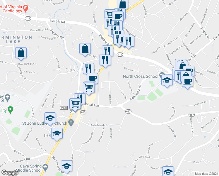 map of restaurants, bars, coffee shops, grocery stores, and more near Hazel Drive in Cave Spring