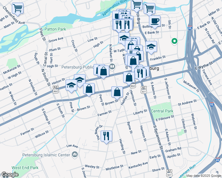map of restaurants, bars, coffee shops, grocery stores, and more near 215 West Wythe Street in Petersburg
