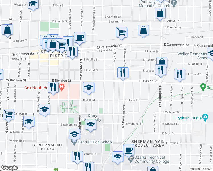 map of restaurants, bars, coffee shops, grocery stores, and more near 1460 North Summit Avenue in Springfield