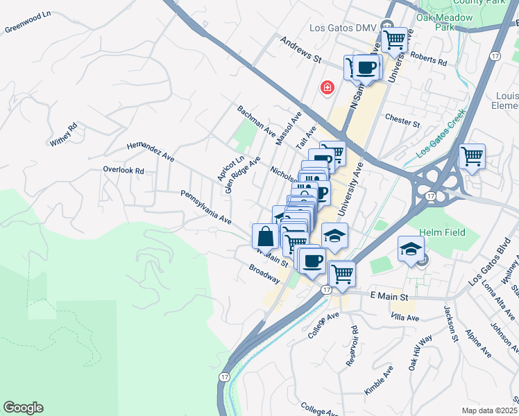 map of restaurants, bars, coffee shops, grocery stores, and more near 51 Bayview Avenue in Los Gatos