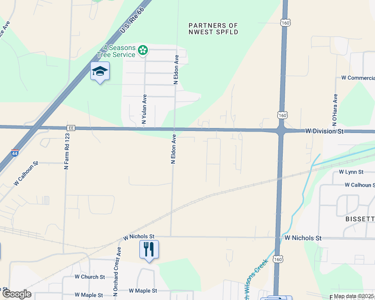 map of restaurants, bars, coffee shops, grocery stores, and more near 1414 North Eldon Avenue in Springfield