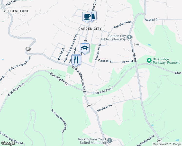 map of restaurants, bars, coffee shops, grocery stores, and more near 3827 Ventnor Road Southeast in Roanoke