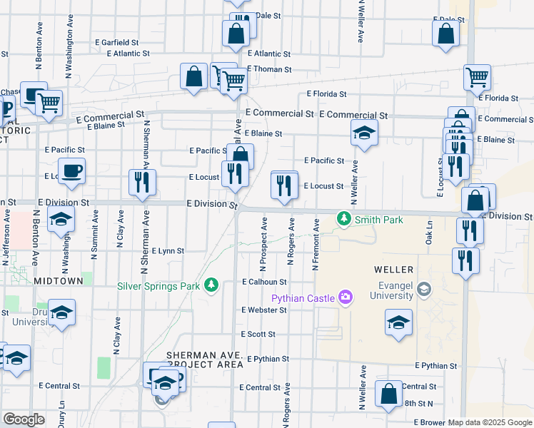 map of restaurants, bars, coffee shops, grocery stores, and more near 1300 East Division Street in Springfield