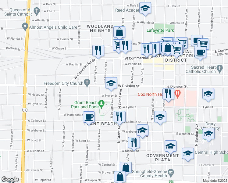 map of restaurants, bars, coffee shops, grocery stores, and more near 1458 North Douglas Avenue in Springfield