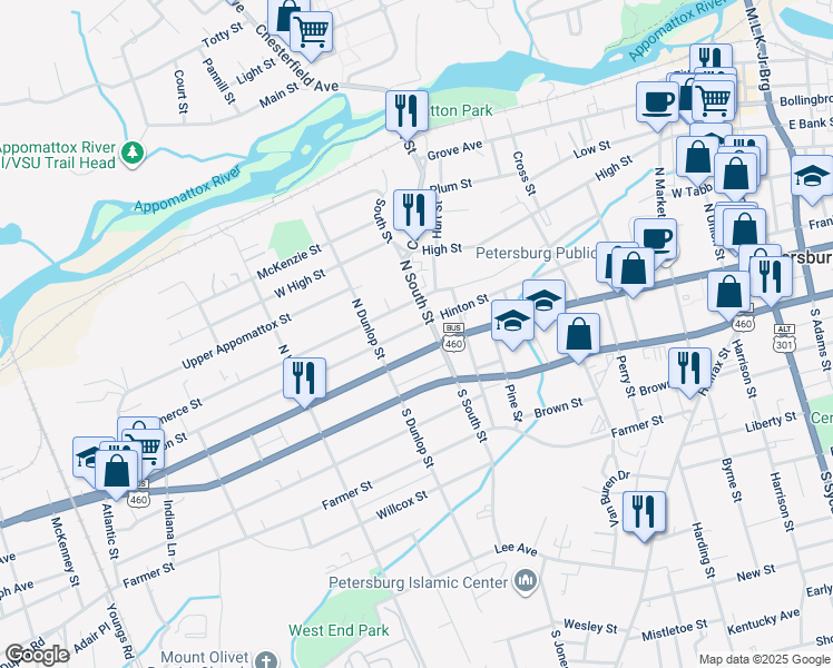 map of restaurants, bars, coffee shops, grocery stores, and more near 818 Hinton Street in Petersburg
