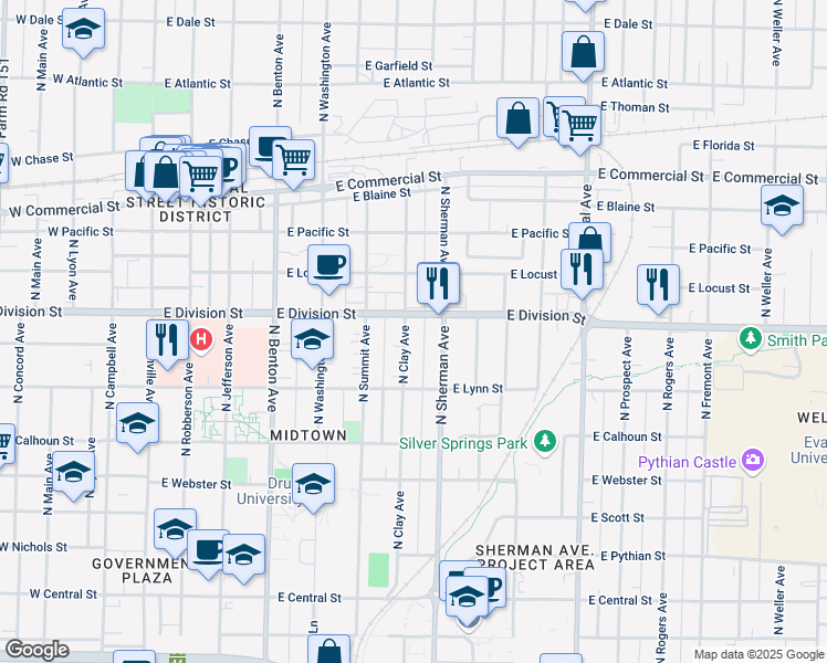map of restaurants, bars, coffee shops, grocery stores, and more near 1462 North Clay Avenue in Springfield