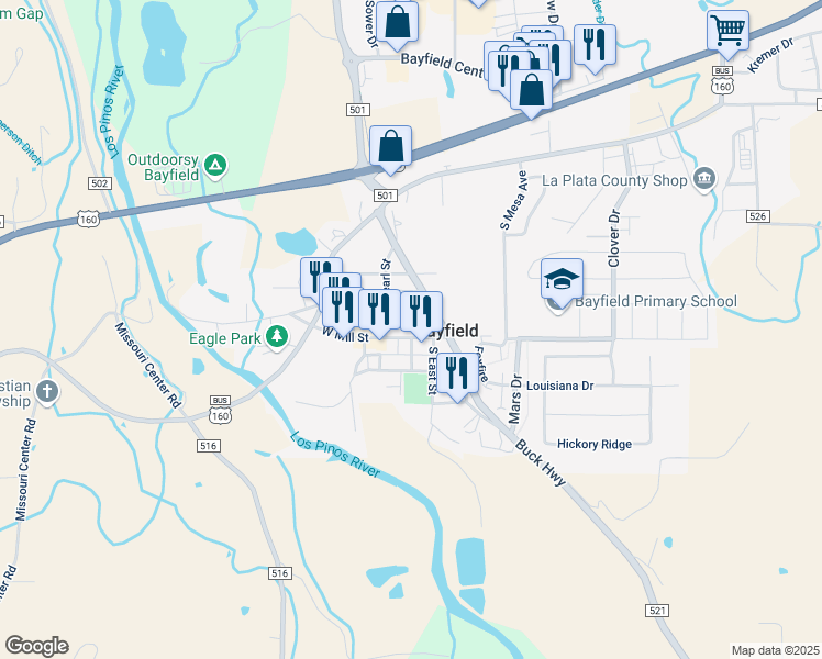 map of restaurants, bars, coffee shops, grocery stores, and more near 89 East Mill Street in Bayfield