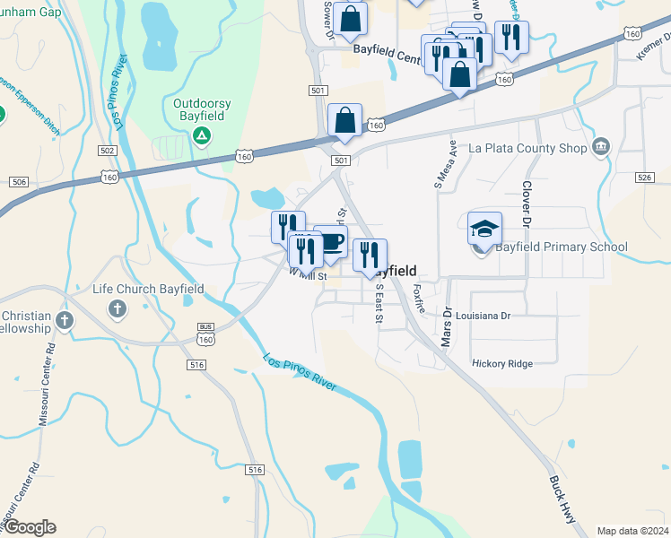 map of restaurants, bars, coffee shops, grocery stores, and more near 25 W Mill St in Bayfield