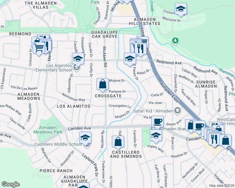 map of restaurants, bars, coffee shops, grocery stores, and more near 1275 Peralta Drive in San Jose