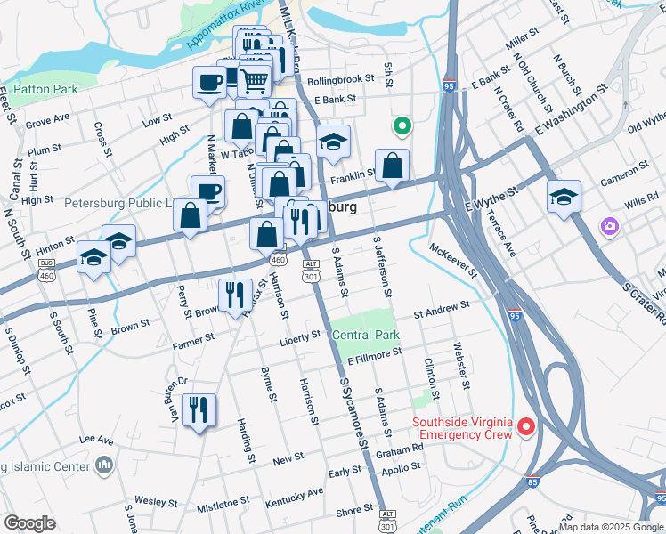 map of restaurants, bars, coffee shops, grocery stores, and more near 13 Marshall Street in Petersburg