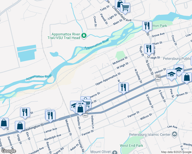 map of restaurants, bars, coffee shops, grocery stores, and more near 1225 West High Street in Petersburg