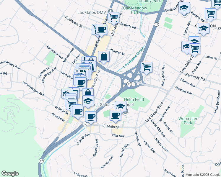 map of restaurants, bars, coffee shops, grocery stores, and more near 41 Miles Ave in Los Gatos