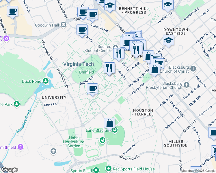 map of restaurants, bars, coffee shops, grocery stores, and more near 590 Washington Street Southwest in Blacksburg