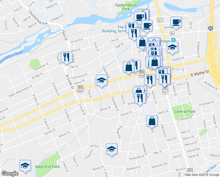 map of restaurants, bars, coffee shops, grocery stores, and more near 23 Guarantee Street in Petersburg
