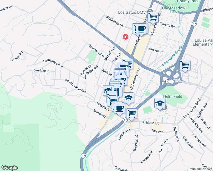 map of restaurants, bars, coffee shops, grocery stores, and more near 110 Tait Avenue in Los Gatos