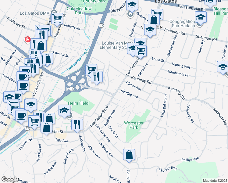 map of restaurants, bars, coffee shops, grocery stores, and more near 317 County Highway G10 in Los Gatos