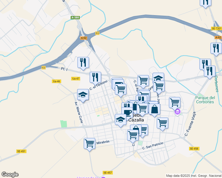 map of restaurants, bars, coffee shops, grocery stores, and more near 11 Calle Tirso de Molina in La Puebla de Cazalla