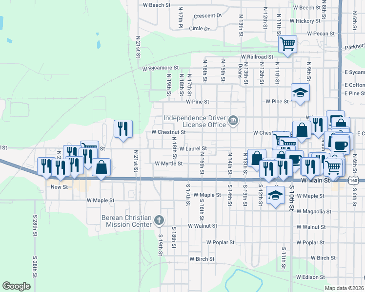 map of restaurants, bars, coffee shops, grocery stores, and more near 1100 West Laurel Street in Independence