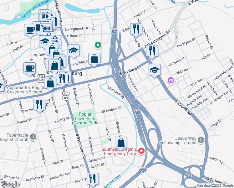map of restaurants, bars, coffee shops, grocery stores, and more near 172 McKeever Street in Petersburg