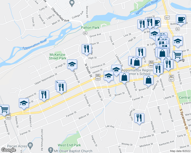 map of restaurants, bars, coffee shops, grocery stores, and more near 713 West Washington Street in Petersburg