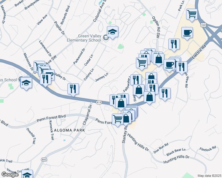 map of restaurants, bars, coffee shops, grocery stores, and more near 5400 Bernard Drive in Cave Spring