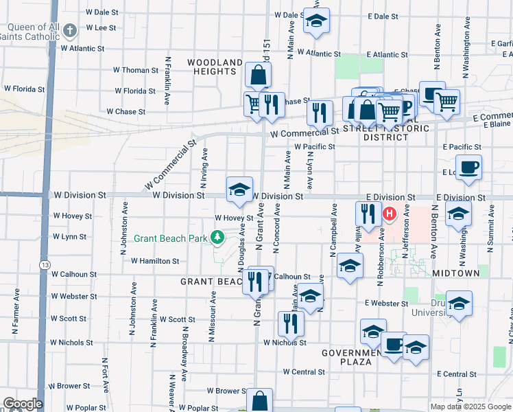 map of restaurants, bars, coffee shops, grocery stores, and more near 1459 North Grant Avenue in Springfield