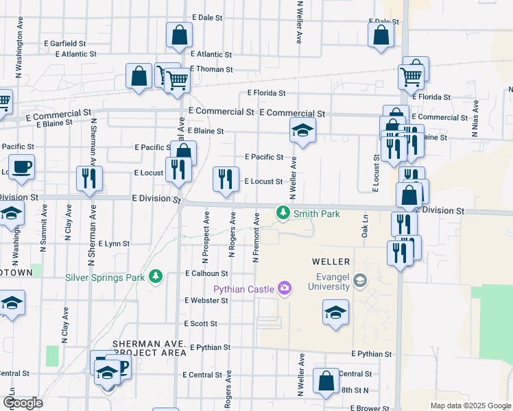 map of restaurants, bars, coffee shops, grocery stores, and more near 1400 East Division Street in Springfield