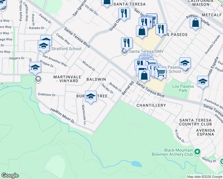 map of restaurants, bars, coffee shops, grocery stores, and more near 6971 Del Rio Drive in San Jose