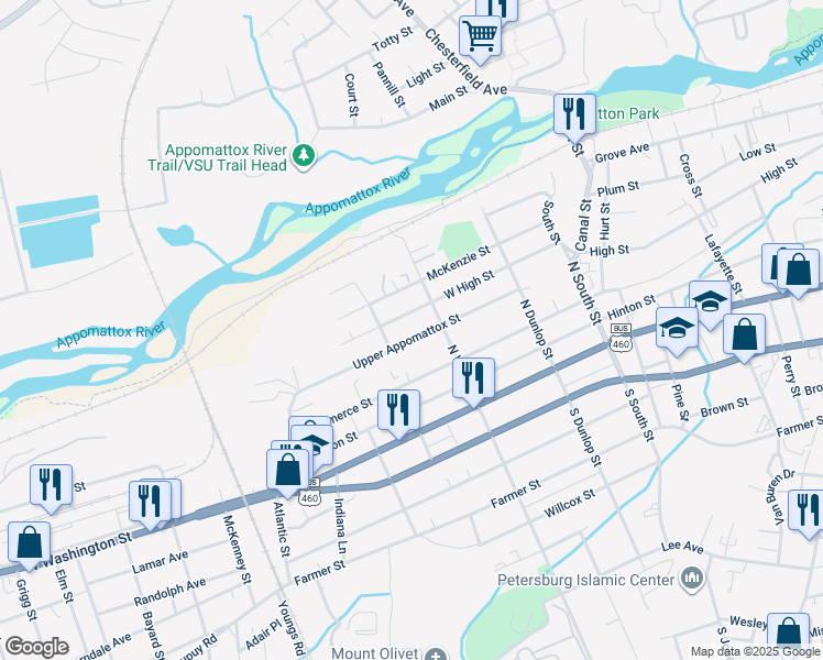 map of restaurants, bars, coffee shops, grocery stores, and more near 1143 Upper Appomattox Street in Petersburg