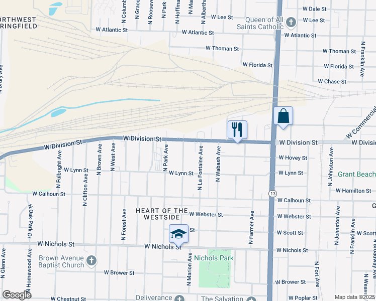 map of restaurants, bars, coffee shops, grocery stores, and more near 1437 North Marion Avenue in Springfield