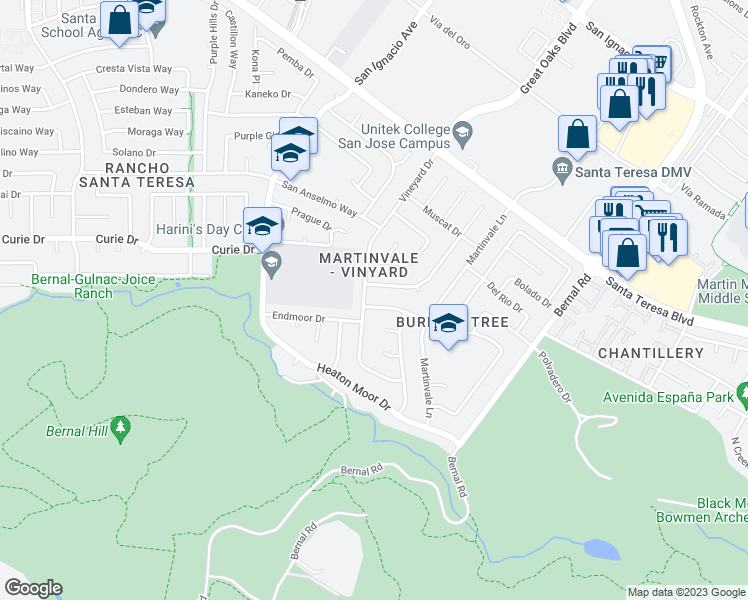 map of restaurants, bars, coffee shops, grocery stores, and more near 6846 Aintree Drive in San Jose