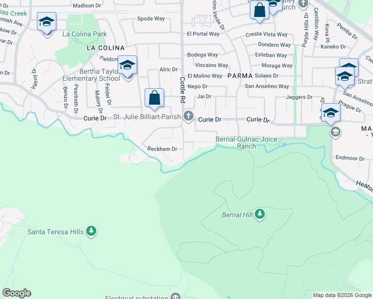 map of restaurants, bars, coffee shops, grocery stores, and more near 6452 Oberlin Way in San Jose