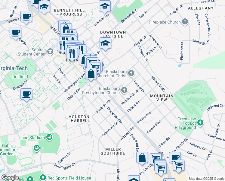 map of restaurants, bars, coffee shops, grocery stores, and more near 103 Mountain View Drive Southeast in Blacksburg