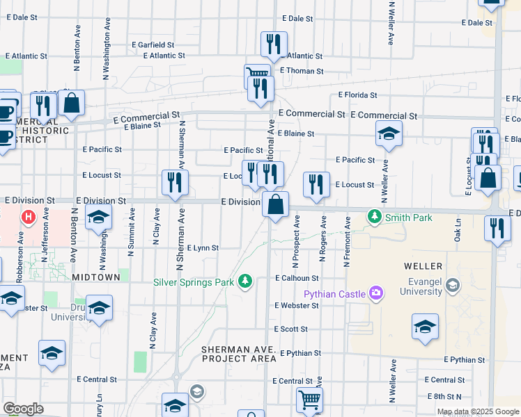 map of restaurants, bars, coffee shops, grocery stores, and more near 1475 North National Avenue in Springfield