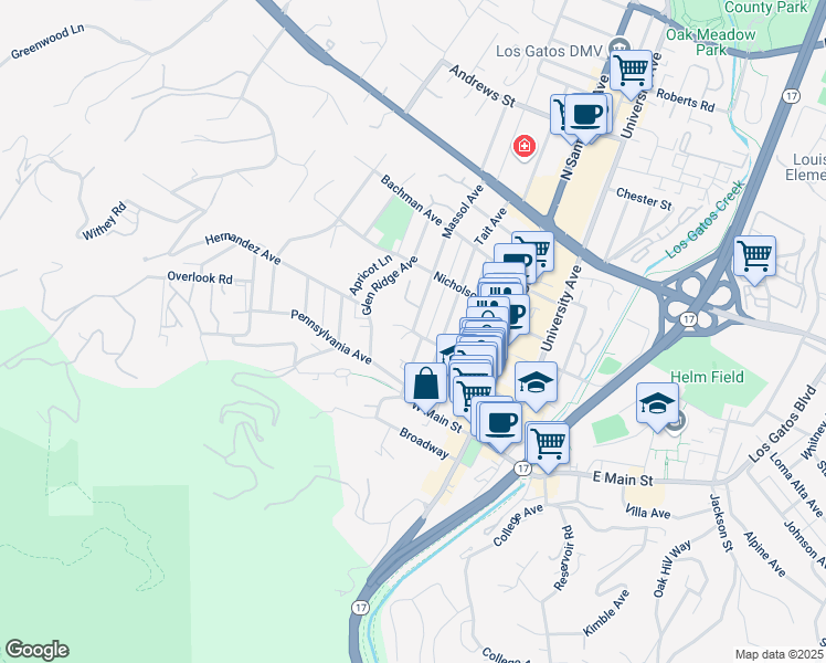 map of restaurants, bars, coffee shops, grocery stores, and more near Bean Avenue & Massol Court in Los Gatos