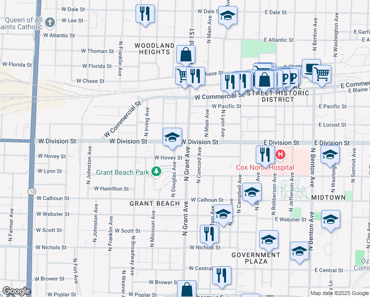 map of restaurants, bars, coffee shops, grocery stores, and more near 1465 North Grant Avenue in Springfield