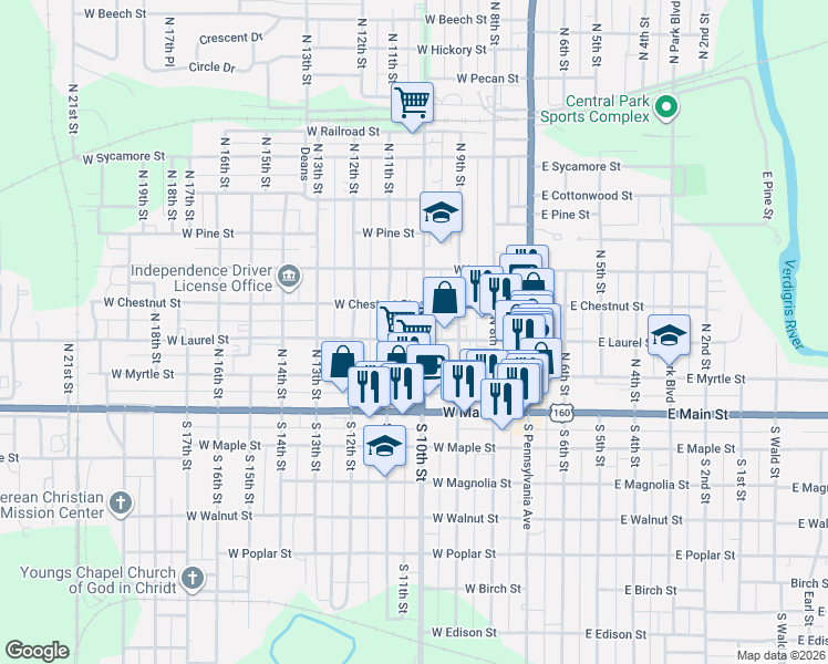 map of restaurants, bars, coffee shops, grocery stores, and more near 301 North 10th Street in Independence