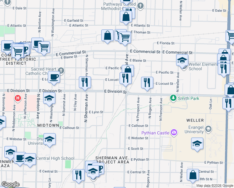 map of restaurants, bars, coffee shops, grocery stores, and more near 1475 North National Avenue in Springfield