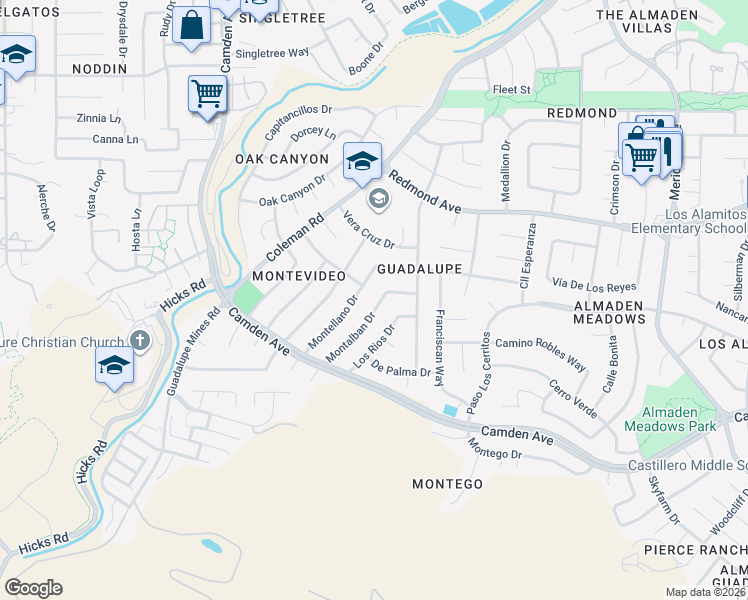 map of restaurants, bars, coffee shops, grocery stores, and more near 1523 Montalban Drive in San Jose