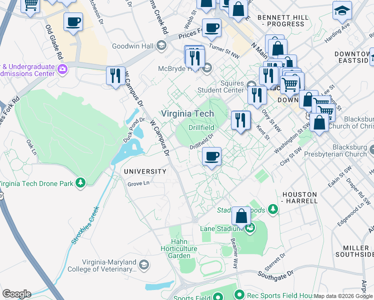 map of restaurants, bars, coffee shops, grocery stores, and more near in Blacksburg