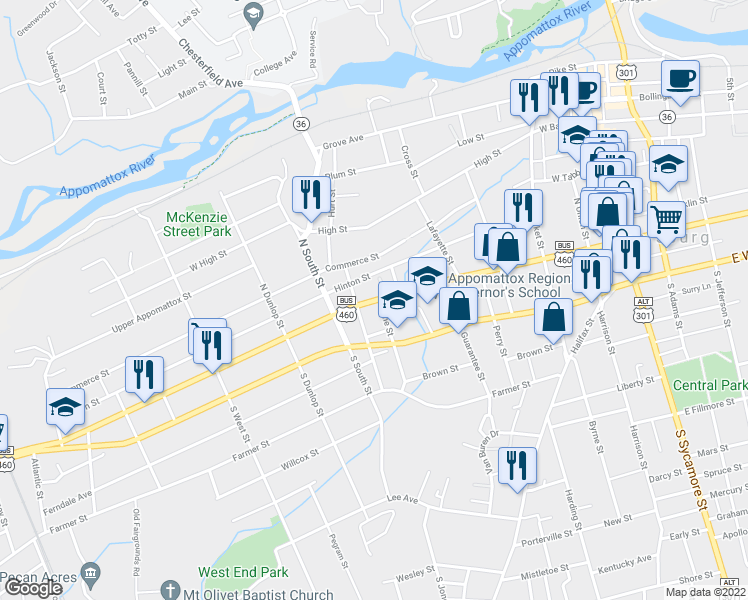 map of restaurants, bars, coffee shops, grocery stores, and more near 618 West Washington Street in Petersburg