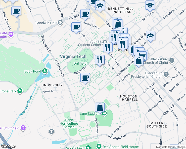 map of restaurants, bars, coffee shops, grocery stores, and more near in Blacksburg