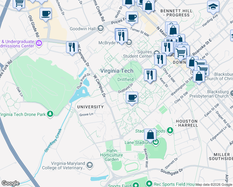 map of restaurants, bars, coffee shops, grocery stores, and more near in Blacksburg