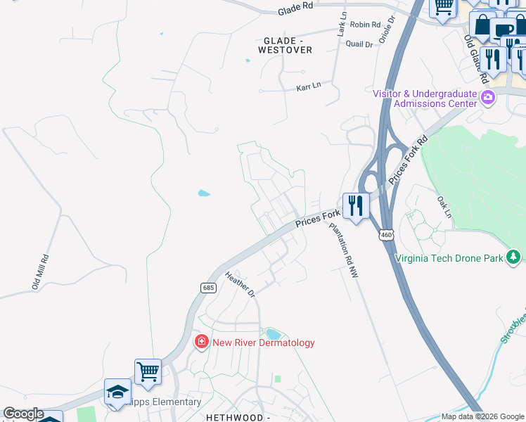 map of restaurants, bars, coffee shops, grocery stores, and more near in Blacksburg