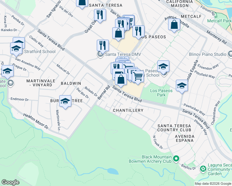 map of restaurants, bars, coffee shops, grocery stores, and more near 7062 Cypress Point Court in San Jose