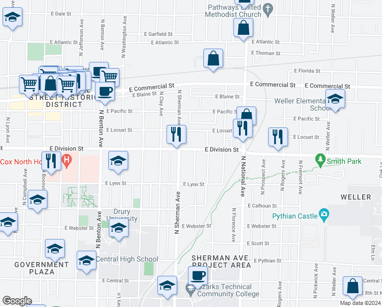 map of restaurants, bars, coffee shops, grocery stores, and more near 922 East Division Street in Springfield