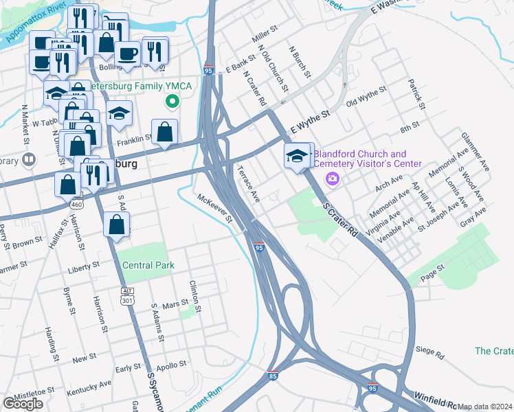 map of restaurants, bars, coffee shops, grocery stores, and more near 230 Terrace Avenue in Petersburg